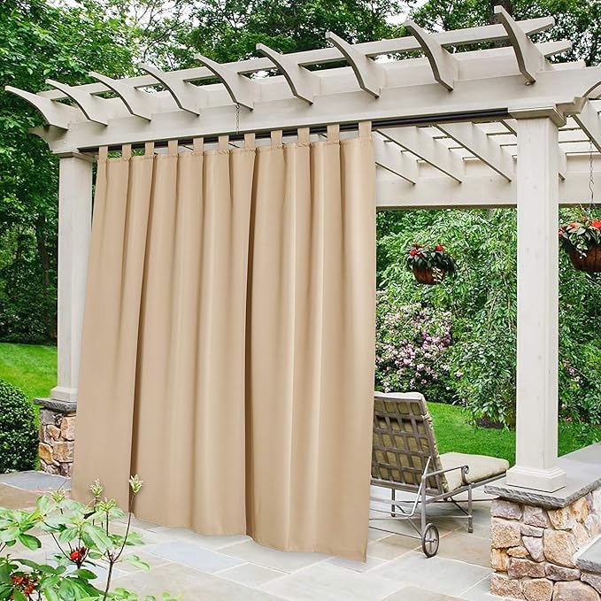 NICETOWN Outdoor Curtain for Patio Waterproof W84 x L84, Detachable Tab Top Self-Stick Light Blocking Privacy Protect Outdoor Blind for Pavilion/Indoor Outdoor Divider, 1 Panel, Biscotti Beige