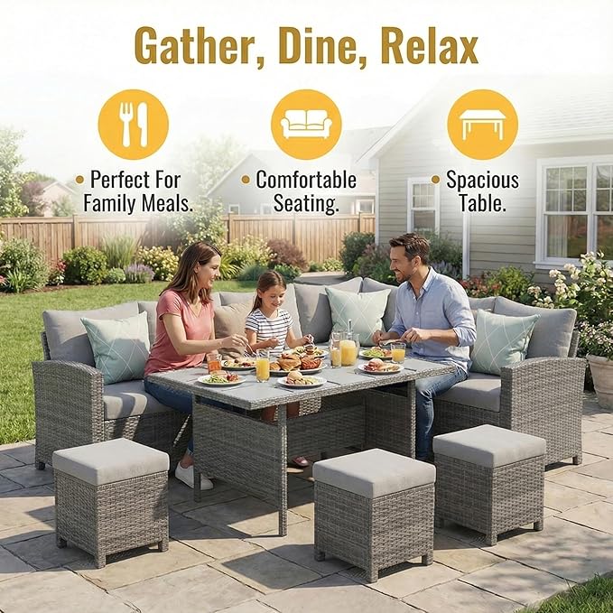 Wisteria Lane 7 Piece Patio Furniture Set, High Curved Back Wicker Patio Sectional, All Weather Outdoor Dining Set, Outdoor Furniture Patio Conversation Set with Ottoman, Ash Gray