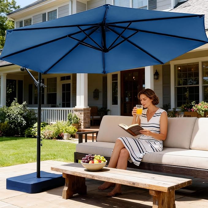 OLILAWN 10ft Patio Umbrella with Base Included, Outdoor Offset Cantilever Umbrella Upgraded Yarn-dyed Fabric Shade, Sturdy 8 Rids,360 Degree Rotation & Easy Tilt Adjustment, for Pool Deck Porch Backyard Garden,Sapphire
