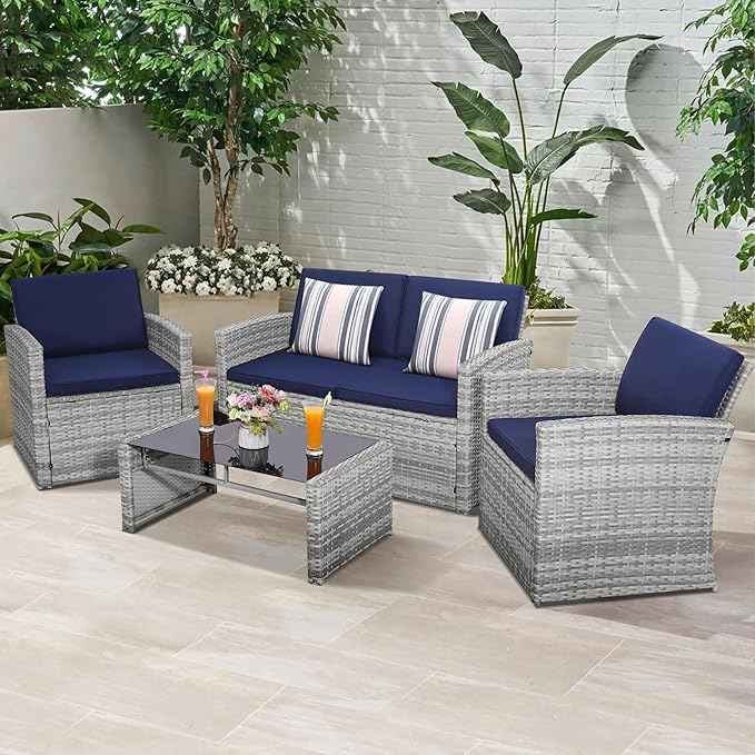 4-Piece Patio Furniture Set, Wicker Outdoor Rattan Sectional Sofa with Cushions and Glass Table, All-Weather Outdoor Conversation Set, Ideal for Garden, Porch, Backyard, Navy