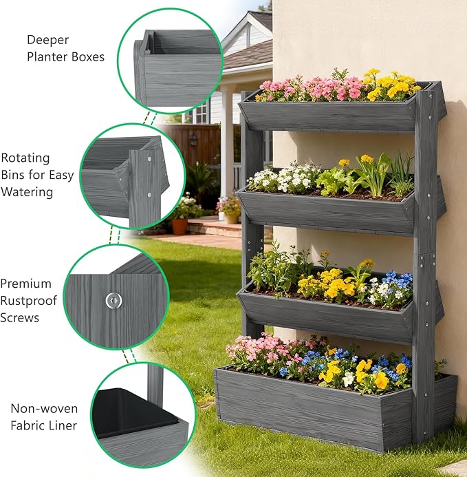 DoCred Vertical Wooden Raised Garden Bed, 4 Tier Upgraded Garden Planters Freestanding Wood Plant Stand Flower Rack Wooden Planter Box for Plants Herbs Flowers Vegetables Outdoor Indoor