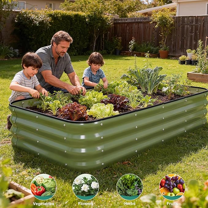 4 in 1Galvanized Raised Garden Bed - 5x3x1ft Modular Garden Planter Bed Outdoor | Steel Raised Bed Kit with Bracing Rods, Gloves for Gardening Vegetables Fruits and Flowers (Green)