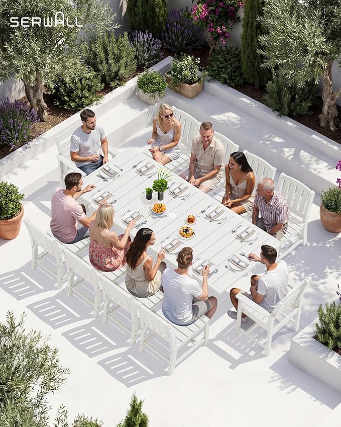SERWALL 11-Piece Outdoor Dining Set, 60" - 83" Expandable Outdoor Dining Table and 10 HDPE Chairs, All Weather HDPE Outdoor Furniture Set for Backyard, Garden, White
