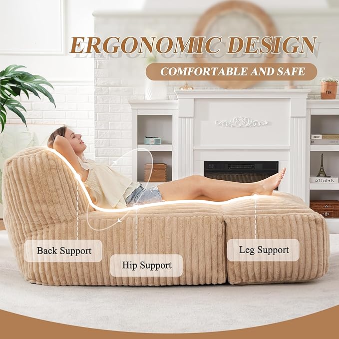 Hobestluk Big Bean Bag Lounger Chairs Large Beanbag Chair for Adults Bean Bag Sofa with Memory Foam Filled for Living Room, Bedroom or Balcony (Stripe Khaki)