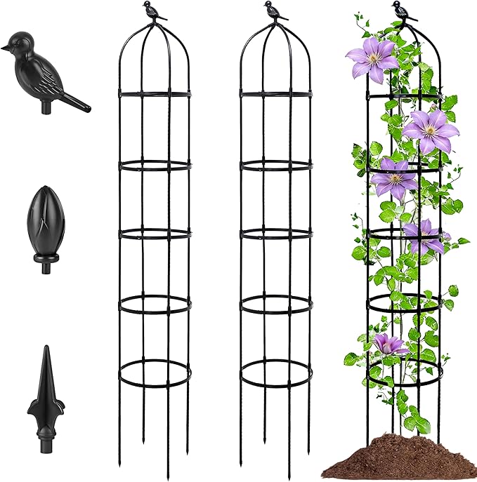 2-Pack 6.7FT Garden Obelisk Trellis for Climbing Plants,Adjustable 5-Tier Metal Plant Support,Rustproof Outdoor Plant Tower with 3 Decorative Tops for Roses,Tomatoes,Clematis & Vines,Black