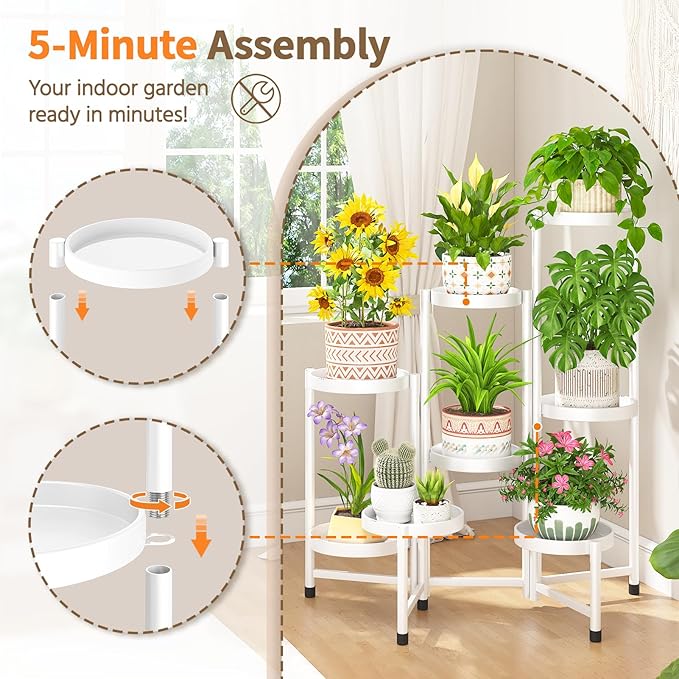 LASZOLA 8 Tiered Folding Tall Plant Stand Indoor for Multiple Large Planter, Heavy Duty Metal Adjustable Flower Rack for Narrow Corner, Sturdy Vertical Spiral Shelving Holder for Modern House, White