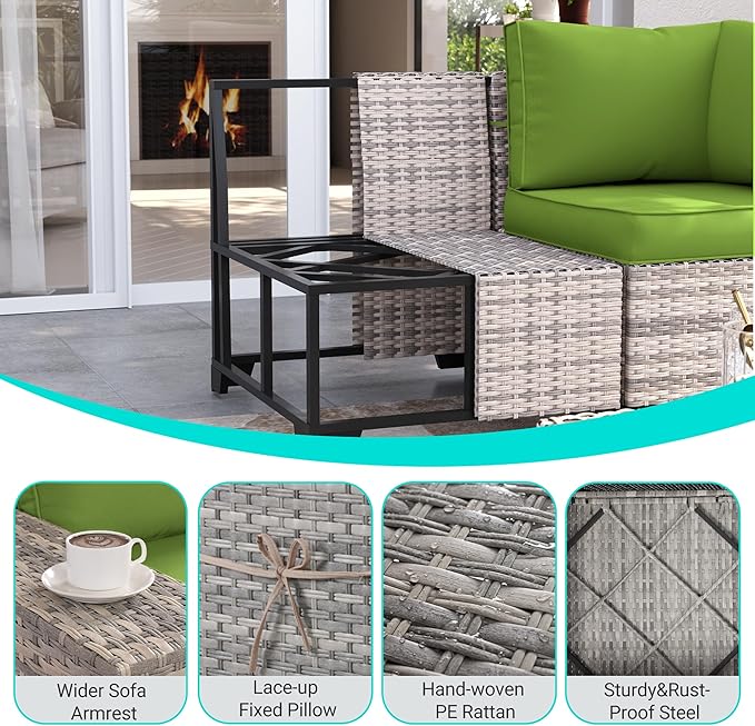 9-Piece Outdoor Patio Furniture Set with 55,000 BTU Fire Pit Table, PE Wicker Rattan Sectional Sofa Patio Conversation Set with Ottomans & Coffee Table, Avocado Green