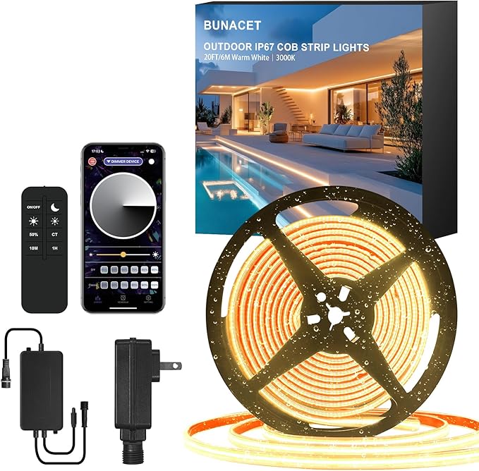 20ft COB Outdoor LED Strip IP67 Waterproof, 6500K Cold Whit DC24V Flexible LED Rope Strips with Remote & App Control Dimmable, DIY Lighting for Indoor, Outdoor, Bedroom, Garden, Patio