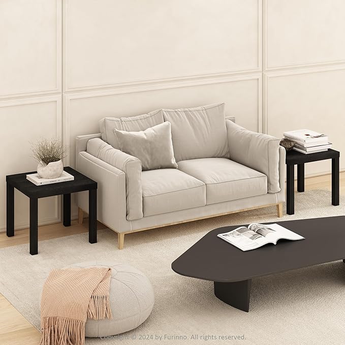 Furinno Classic Coffee Table Set of 2, Square Modern Coffee Table with Triple Thick Tabletop, Side Table with 4 Legs, for Living Room, Bedroom, Home Office, Black
