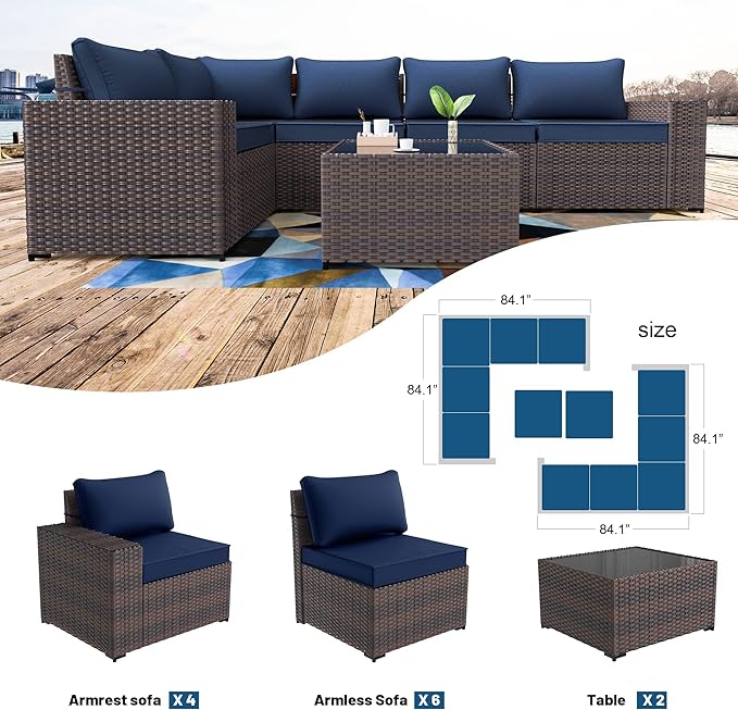 Kullavik 12 Pieces Outdoor Patio Furniture Set PE Wicker Rattan Sectional Sofa Patio Conversation Sets,Navy Blue