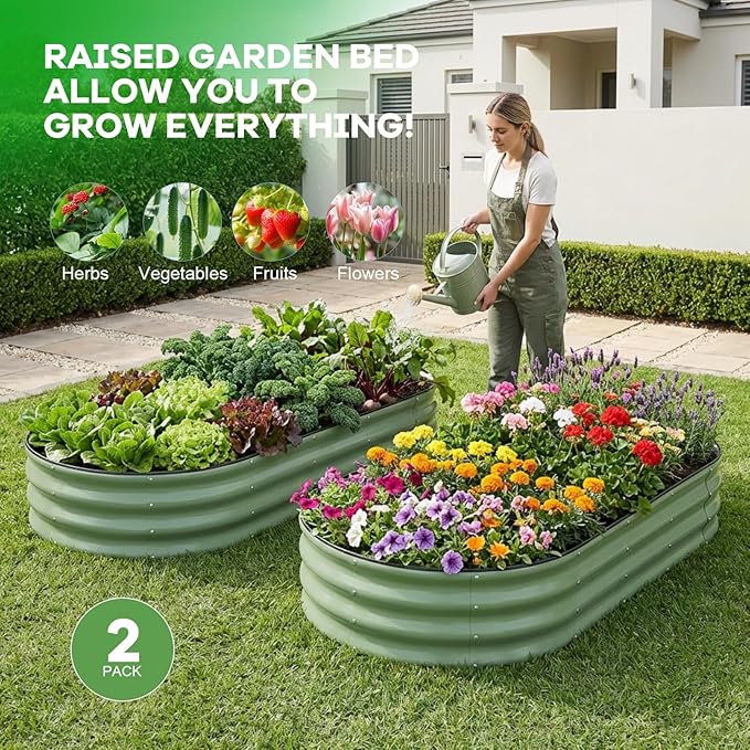 Galvanized Raised Garden Bed Outdoor, 6x3x1ft Oval Metal Raised Beds for Gardening, Rust-Resistant Garden Planter Box for Planting Vegetables, Flowers, Fruits in Lawn(Olive Green, 2 Packs)