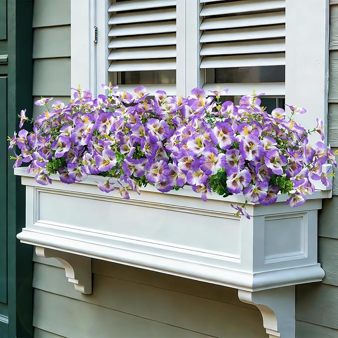 12 Bundles Artificial Pansy Flowers for Outdoor, Faux Silk Pansies Spring Flowers Outside for Planter Front Door Porch Patio Yard Window Box Home Decor (White Purple)
