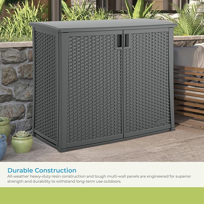 Suncast Resin Outdoor Storage Cabinet, Cool Gray Wicker Resin Outdoor Cabinet, Weatherproof, Lockable Outside Storage for Patio, Deck, Balcony, Porch, Backyard, or Garden, Made in the USA