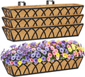HFHOME 4 Pcs 30" Window Box Deck Railing Planter with Horse Trough Coco Liners, Black Metal Hanging Flower Planters Baskets for Indoor, Outdoor, Balcony, Porch, Fence, Patio, and Lawn