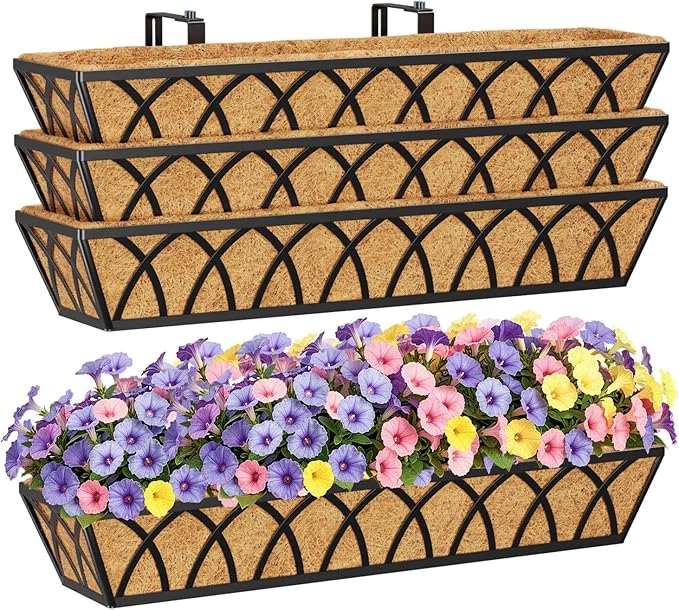 HFHOME 4 Pcs 30" Window Box Deck Railing Planter with Horse Trough Coco Liners, Black Metal Hanging Flower Planters Baskets for Indoor, Outdoor, Balcony, Porch, Fence, Patio, and Lawn