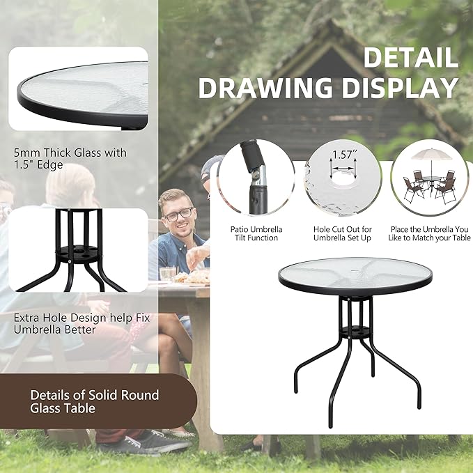 Vongrasig 6 Pieces Folding Patio Dining Set, All Weather Small Metal Outdoor Table and Chairs Set, Patio Furniture Set w/Umbrella, Glass Table & 4 Folding Chairs for Garden, Lawn, Backyard, Brown