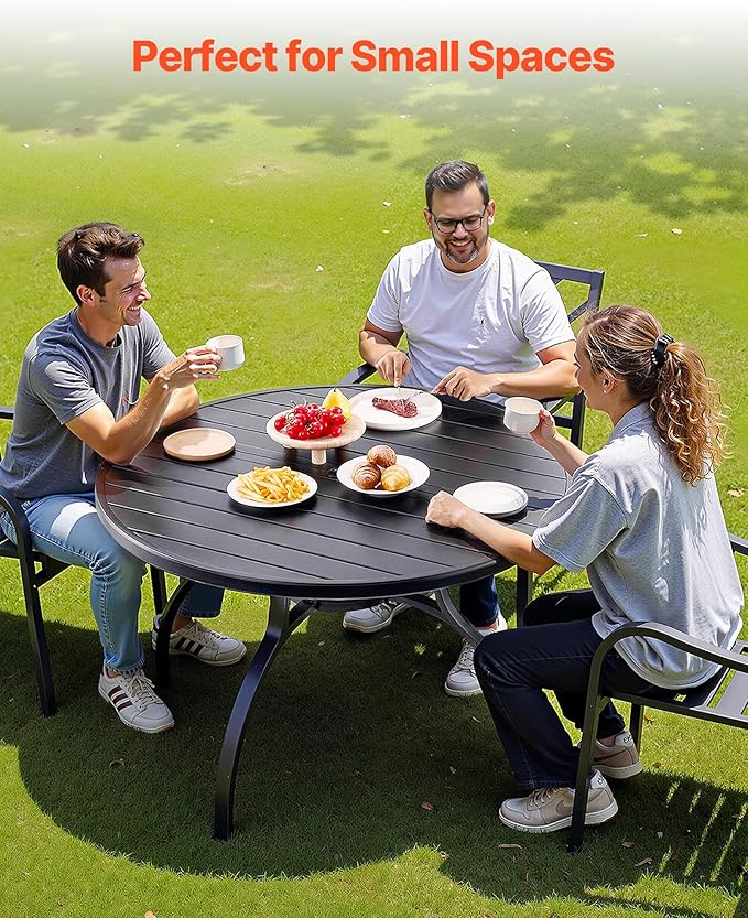 VEVOR Outdoor Patio Dining Table, 47 inch Round Metal Steel Slat Backyard Bistro Tables, with 1.5 in Umbrella Hole, Outside All-Weather Large Furniture for Lawn Garden Porch, Black
