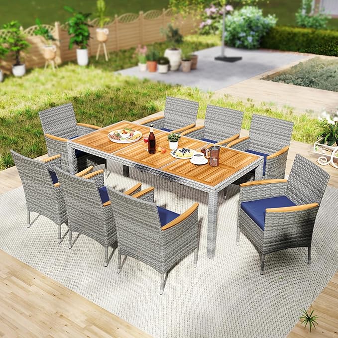 Tangkula 9 Pieces Rattan Outdoor Dining Set for 8, Outdoor Acacia Wood Table Set with 8 Cushioned Wicker Chairs, Umbrella Hole, Patio Dining Furniture Set for Deck Pool Backyard