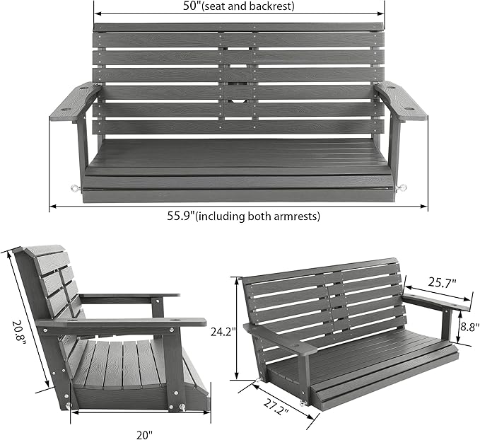 Poly Lumber 2-Seat Porch Swing, HIPS 4.5-Feet Bench Swing with Foldable Cup Holders,18/8 Stainless Steel Hardware, High Backrest and Deep Contoured Seat (Deep Gray, 4.5-feet)
