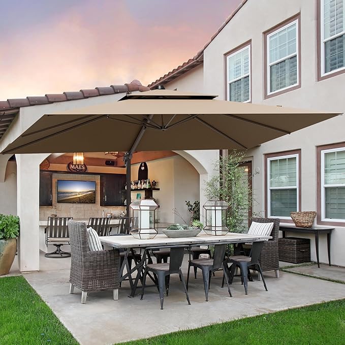 9x12FT Brown Cantilever Outdoor Patio Umbrella with Base, Large Rectangular Offset Design, Double Top Heavy Duty Aluminum Frame & 360° Rotation for Pool Garden Deck Backyard