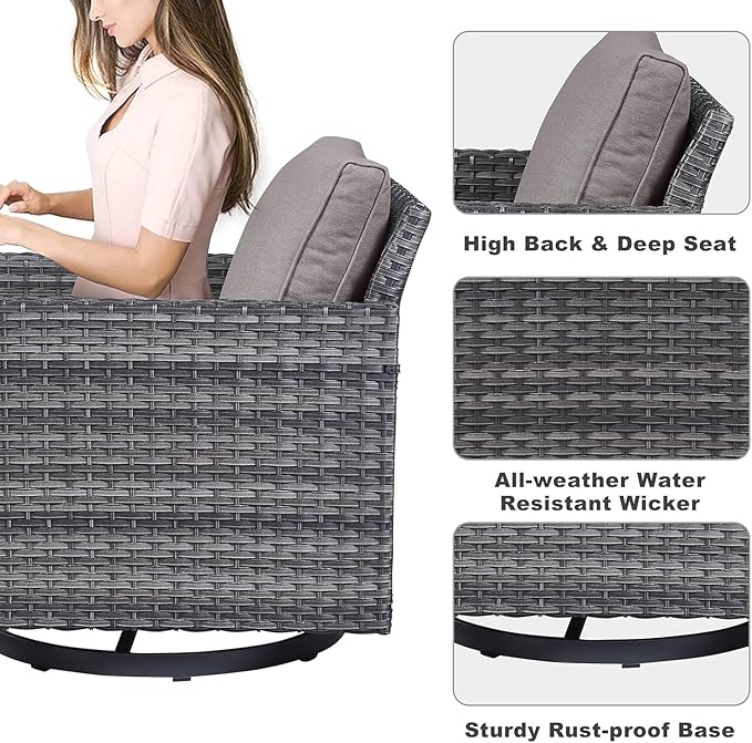 Belord Patio Sectional Furniture Set with Fire Pit Table: 8 Pieces Wicker Patio Conversation Set with L Shaped Sofa, Outdoor Swivel Glider Rocker, Rattan Ottomans, Removable Cushions Grey