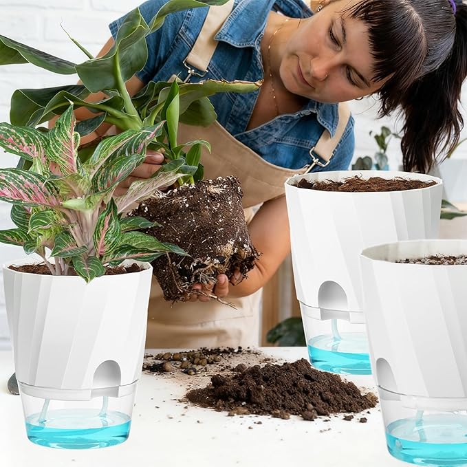 KIMCHOMERSE Self Watering Plant Pots, 6 Inch Plant Pots White, 6 Pack Flowers Pot Indoor Planter Pots with Tray for Spider Plant, Orchid, African Violet
