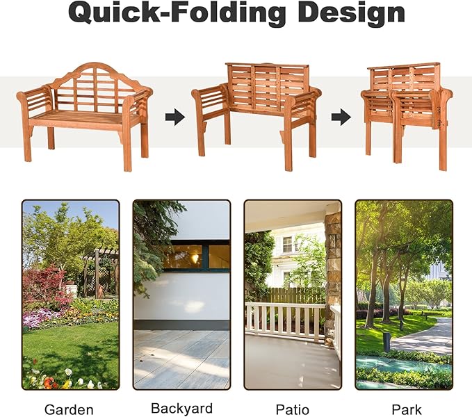 Giantex Outdoor Wood Bench, 4 Ft Foldable Eucalyptus Garden Bench, Two Person Loveseat Chair Solid with Curved Backrest and Armrest Ideal for Patio, Porch or Balcony (Teak)