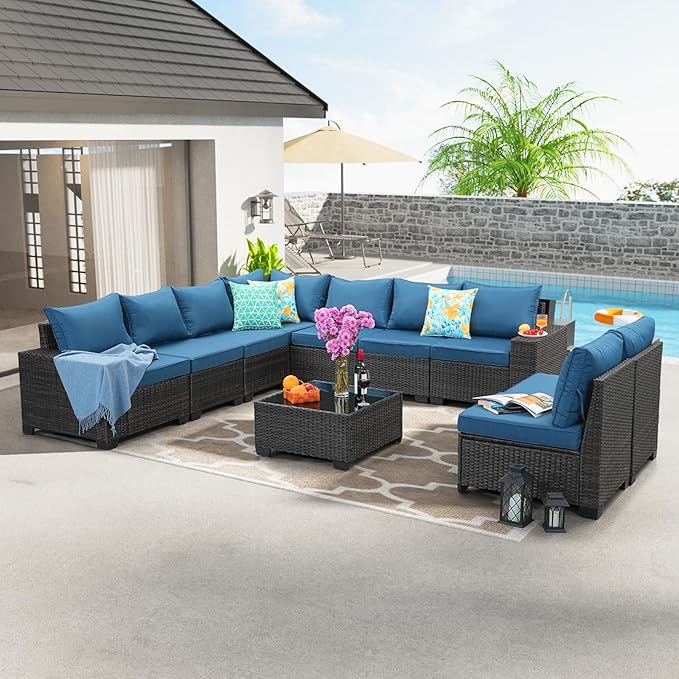 10 Pieces Patio Furniture Set All-Weather Outdoor Wicker Sectional Conversation Sofa Rattan Patio Seating Sofa with Cushion and Glass Table for Porch Poolside,Peacock Blue