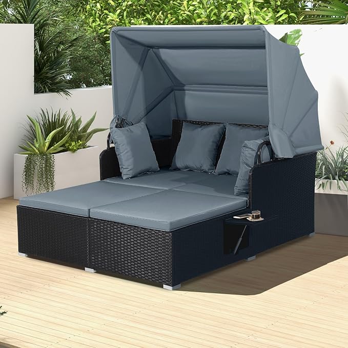 COSTWAY Outdoor Daybed with Retractable Canopy, Wicker Patio Furniture Set with Cushioned Pillows, Patio Rattan Daybed for Deck, Backyard, Poolside (Grey)
