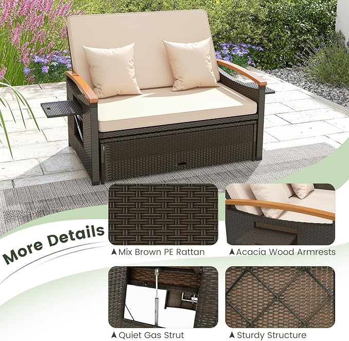 Tangkula Patio Rattan Daybed with 4-Level Adjustable Backrest, Outdoor Wicker Loveseat with Acacia Wood Armrest, Storage Ottoman & Folding Tray, Double Sunbed Lounger for Balcony, Backyard & Poolside