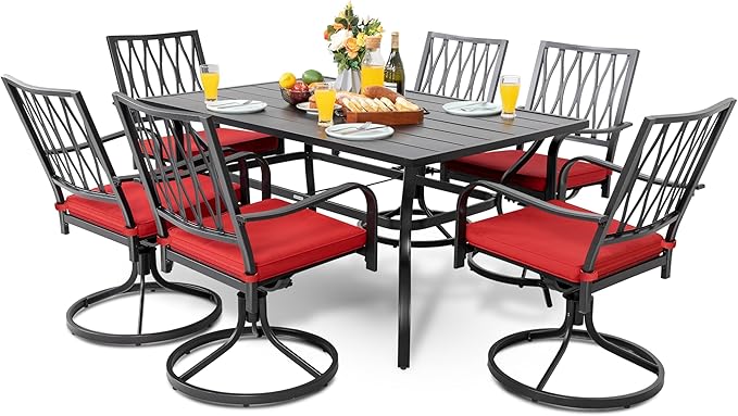 NUU GARDEN 7 Piece Outdoor Dining Set Rectangle Iron Patio Table with Umbrella Hole and 6 Swivel Chairs with Cushions Outdoor Furniture Set for Garden Backyard Black and Red