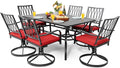 NUU GARDEN 7 Piece Outdoor Dining Set Rectangle Iron Patio Table with Umbrella Hole and 6 Swivel Chairs with Cushions Outdoor Furniture Set for Garden Backyard Black and Red