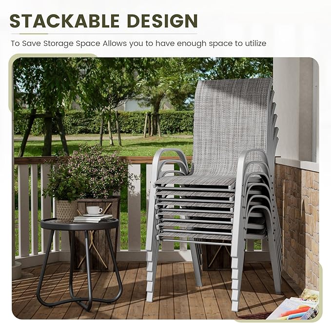UDPATIO Patio Chairs Set of 6, Stackable Silver Outdoor Dining Chairs with High Back, Breathable Textilene Fabric Outdoor Chair All Weather, 350LBS Capacity for Garden, Backyard (Light Grey)