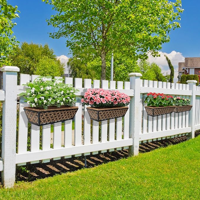 hehimhis Window Planter Box with Adjustable Bracket and Coco Liner for Porch, 24 Inch 4 Pack Balcony Planters Railing Hanging,Fence, Patio Hanging Planters for Garden Outdoor