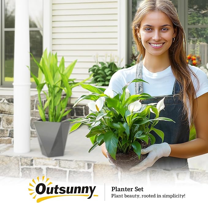 Outsunny Set of 3 Tall Planters, 18", 15.25", 11.75", MgO Indoor Outdoor Planters with Drainage Holes, Stackable Flower Pots for Garden, Patio, Balcony, Front Door, Gray