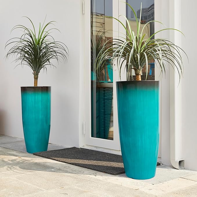 Glitzhome 30" H Tall Outdoor Planter, Set of 2 Large Tall Planters with Gradient Turquoise Faux Ceramic Finish, Plastic Large Flower Pots for Porch Garden Indoor All Season Decor,with Drainage Holes