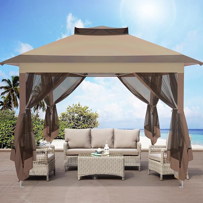 COBIZI 10x10 Pop Up Gazebos on Clearance 11x11 Canopy Tent Easy Up Outdoor Gazebo Waterproof Portable Gazebo with Mosquito Nettings, Double Vented Roof and Carry Bag for Patio Garden Lawn(Coffee)