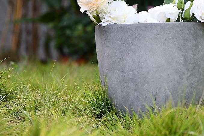 Kante 14 Inch Dia Round Concrete Planter, Indoor Outdoor Large Plant Pot with Drainage Hole and Rubber Plug for Home Patio Garden, Natural Concrete