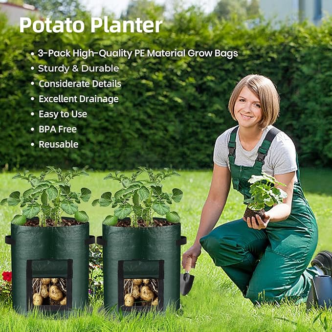 10 Gallon 3-Pack Potato Grow Bags, Heavy Duty PE Fabric Pots with Flap and Handles, Green Planter Bags for Potato Vegetables Outdoor Garden, 17.7''x13.8'' Large for All Plants Growing