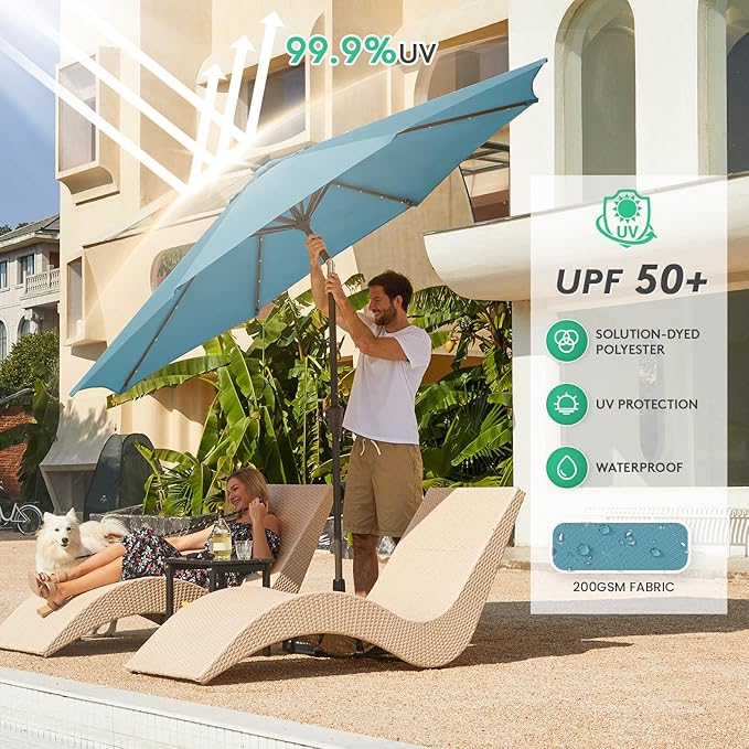 JEAREY 9FT Outdoor Patio Umbrella with Solar Lights, LED Lighted Pool Umbrella with Tilt and Crank, Outdoor Table Umbrellas for Deck, Yard & Market (Lake Blue)