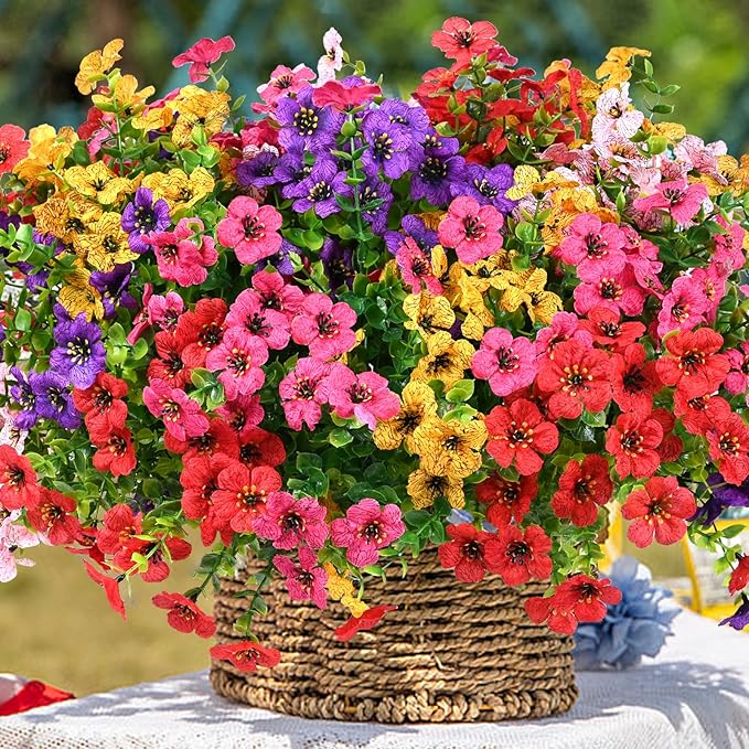 Artificial Flowers for Outdoor, UV Resistant Fake Silk Flowers, Realistic Faux Plants for Outside Indoor Porch Patio Window Box Planter Home Decor (14, Yellow Purple Rosy Red)