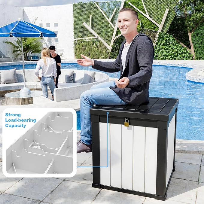 EasyUp 50 Gallon Outdoor Storage Box, Resin Waterproof UV-Resistant Deck Box, Reinforced Stability for Patio, Garden, and Poolside, Striped Black & White