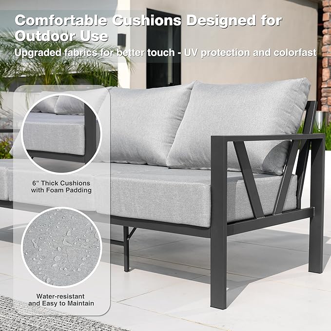 Outdoor Patio Furniture Set, 4 Pieces Metal Patio Furniture Set with Coffee Table, Modern Outdoor Patio Conversation Seating Set with 6” Thick Cushions, Light Grey
