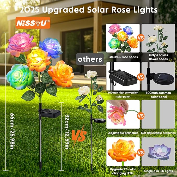 Solar Garden Lights Outdoor Waterproof: 6 Pack LED Solar Flowers Lights Garden Decor - 7 Color-Changing Spring Solar-Powered Stake Rose Decor for Patio Outside Yard Pathway Lawn Cemetery Decorations