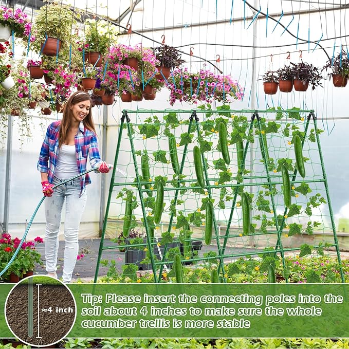 Cucumber Trellis for Raised Beds, 45 x 53 Inch Adjustable Size A-Frame Garden Trellis for Climbing Plant Outdoors with Climbing Net and Plant Support Clip for Vegetable Grape Tomato Bean Pea