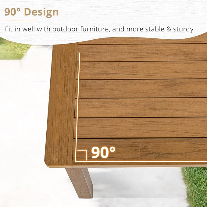LUE BONA Outdoor Coffee Table, HDPS Patio Coffee Tables for Outside Rectangle, Adjustable Levelling Feet/Weather Resistant, Patio Table for Deck, Pool, Balcony, Indoor or Outdoor Use, Teak Color
