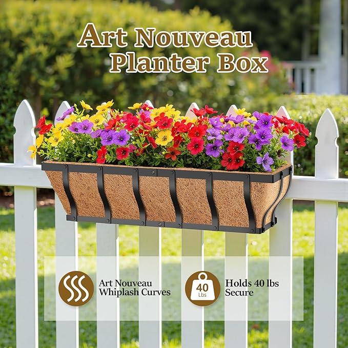Railing Planter Boxes with Artificial Flowers, Adjustable Balcony Planters for Railing Hanging, UV Sun Resistant Colorful Daisy for Porch Patio Balcony Home (1 Pack, 24 Inch)