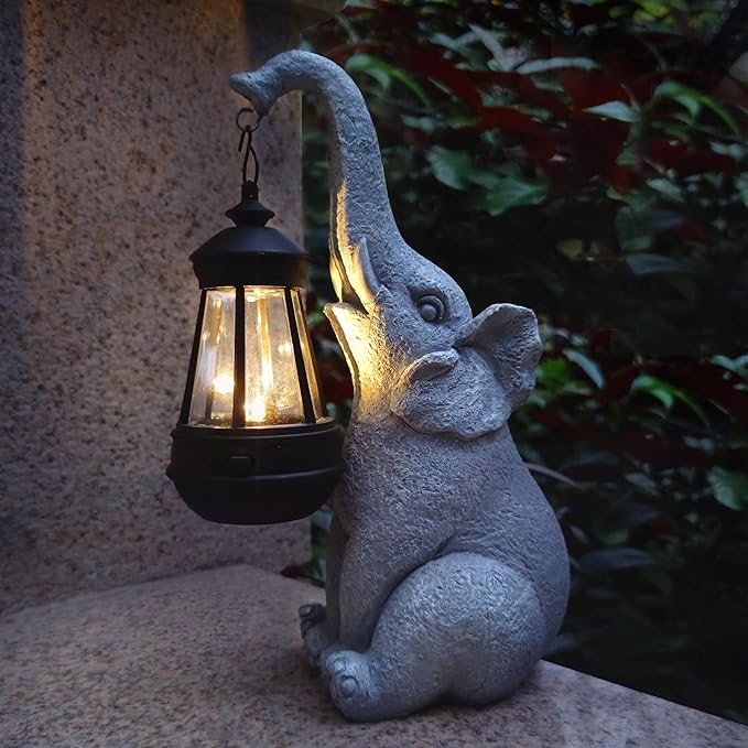 Elephant Solar Garden Statues,Resin Elephant Figurine Decorations with Solar Lights Lantern, Outdoor Figurines Lawn Garden Statue Decor Art for Lawn,Yard, Balcony Ornament.