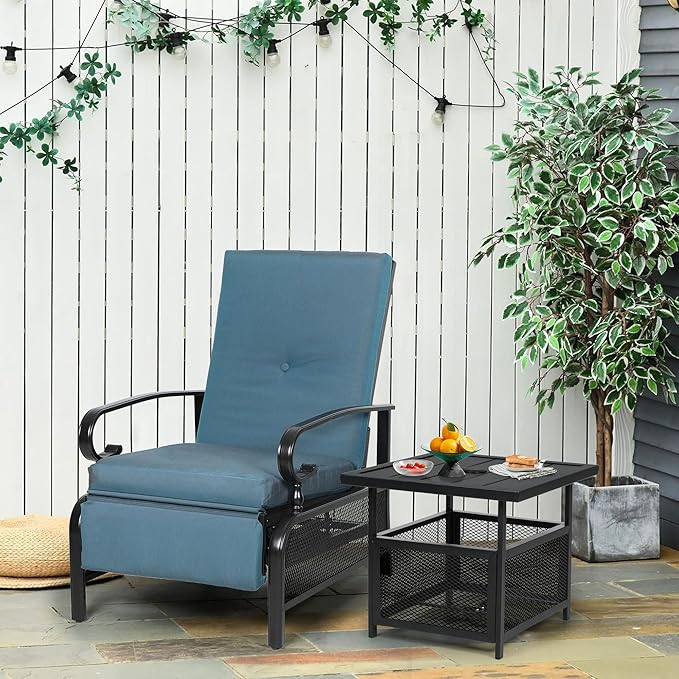 Oakcloud Adjustable Outdoor Lounge Chair Metal Patio Relaxing Recliner Chair Set with Bistro Table and Removable Cushions(Peacock Blue)