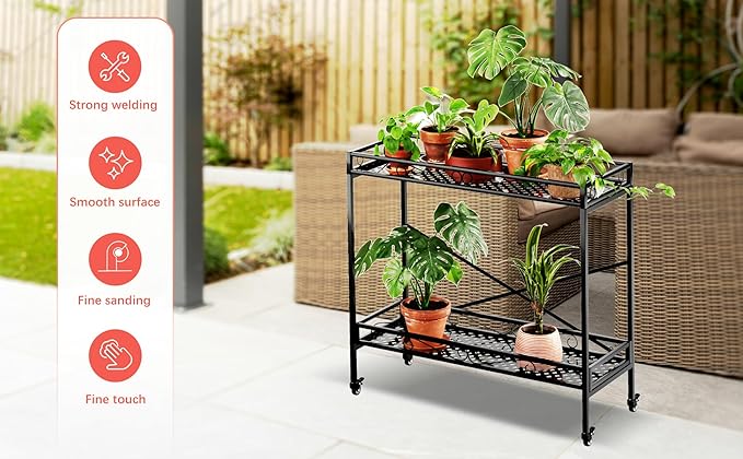 Zhongma 2 Tier Sturdy Metal Plant Stand with Wheels, 40.5x16x39.4 Inch High, Heavy Duty Succulent Shelf for Home Indoor and Outdoor, 440 LBS Capacity & Heavy Duty Construction